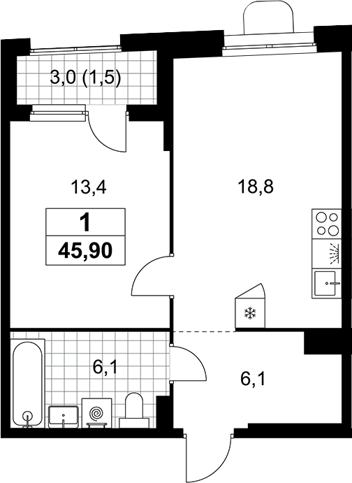2-комн., 44.4 м², 8/10 этаж, ЖК «Прокшино»