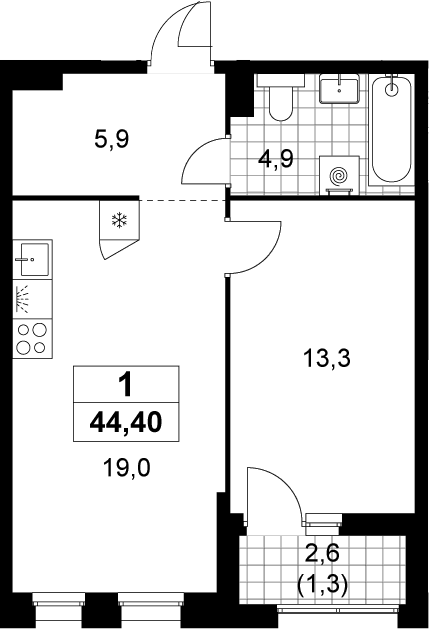 2-комн., 43.1 м², 7/14 этаж, ЖК «Прокшино»
