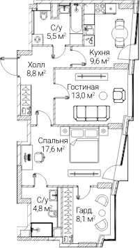 2-комн., 68 м², 54/60 этаж, ЖК «СЕЗАР БУДУЩЕЕ»