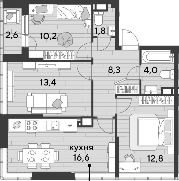 3-комн., 67.1 м², 18/19 этаж, ЖК «DОГМА ПАРК»
