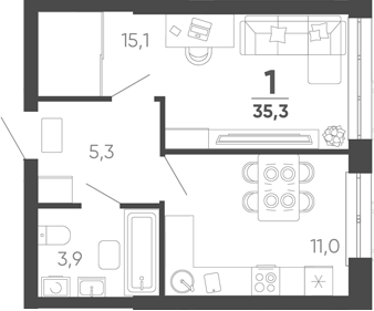 1-комн. квартира, 35.3 м² в ЖК Барса — фото 2