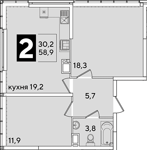3-комн., 58.9 м², 15/16 этаж, ЖК «Самолет»