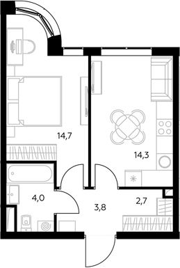 1-комн., 40.5 м², 37/43 этаж, ЖК «Адмирал»