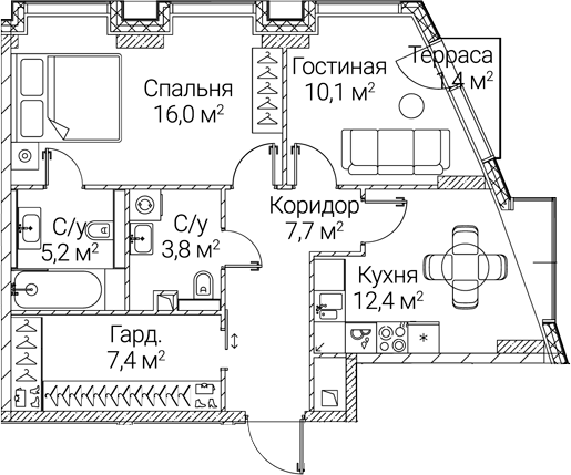 2-комн., 61.43 м², 34/41 этаж, ЖК «СЕЗАР БУДУЩЕЕ»