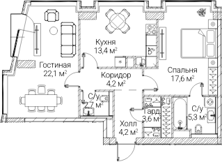 2-комн., 72.43 м², 20/60 этаж, ЖК «СЕЗАР БУДУЩЕЕ»