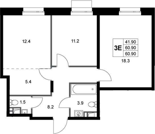 3-комн., 60.9 м², 1/3 этаж, ЖК «Кореневский Форт 2.3»