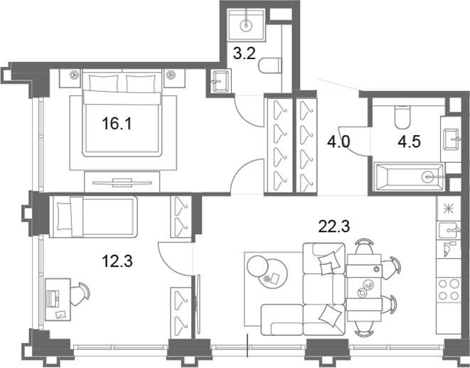 3-комн., 62.4 м², 14/19 этаж, ЖК «ОМ Ботанический»