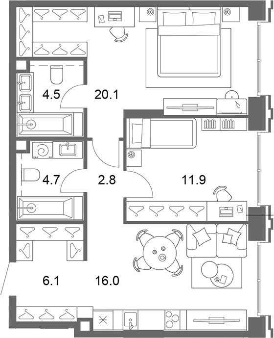 3-комн., 66.2 м², 7/13 этаж, ЖК «ОМ Ботанический»