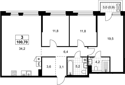 4+ комнаты, 99.8 м², 3/15 этаж, ЖК «Хольм»