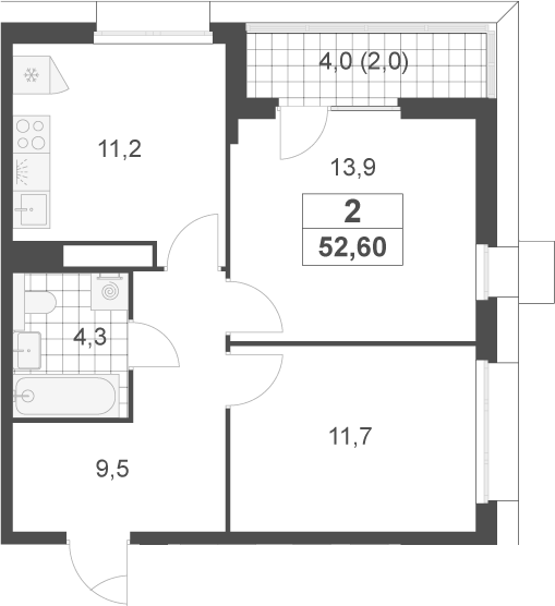 2-комн., 50.6 м², 3/17 этаж, ЖК «Скандинавия»