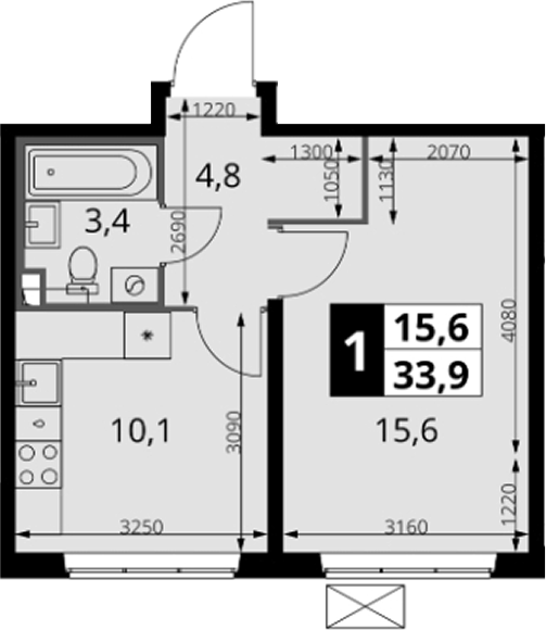 1-комн., 33.9 м², 8/24 этаж, ЖК «1-й Южный»