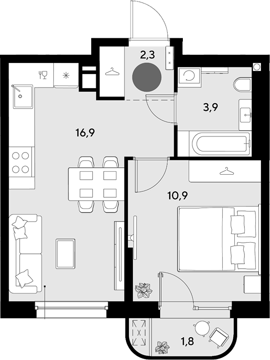 2-комн., 34 м², 4/9 этаж, ЖК «Грейд»