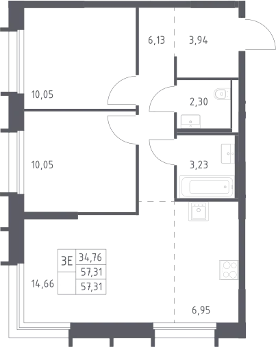 3-комн., 57.31 м², 4/26 этаж, ЖК «Квартал Домашний»