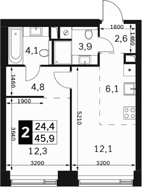 2-комн., 45.9 м², 4/40 этаж, ЖК «Амбер Сити»