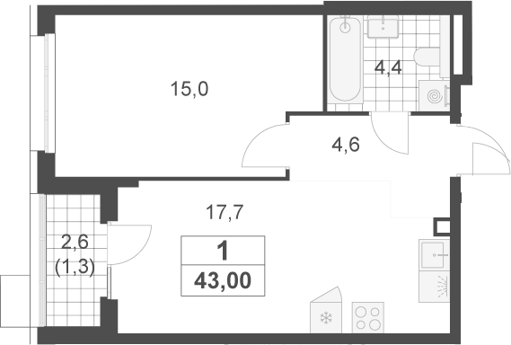 2-комн., 41.7 м², 2/17 этаж, ЖК «Скандинавия»