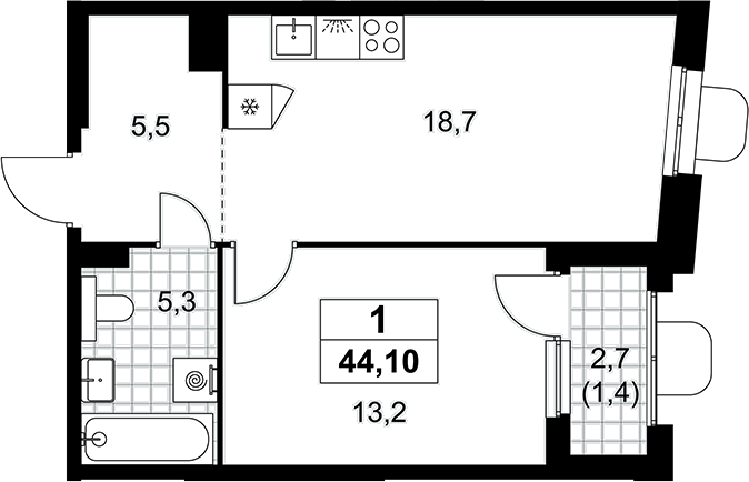2-комн., 42.7 м², 7/16 этаж, ЖК «Прокшино»