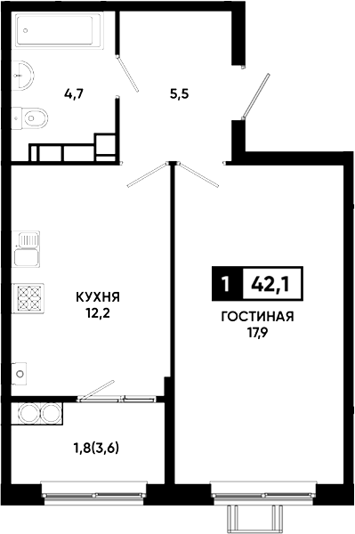 1-комн., 40.3 м², 19/23 этаж, ЖК «Резиденция Софи»