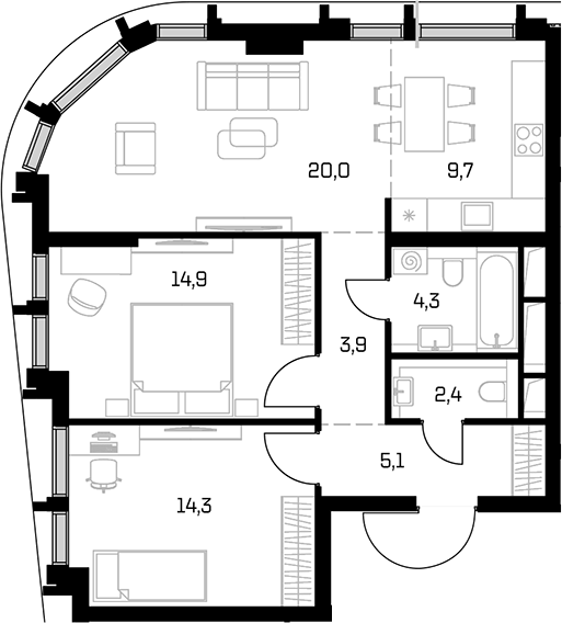3-комн., 74.6 м², 25/27 этаж, ЖК «Дом 56»