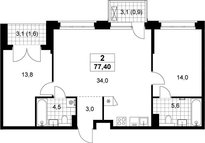 3-комн., 74.9 м², 10/13 этаж, ЖК «Хольм»