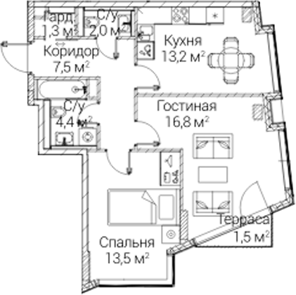 2-комн., 57.7 м², 5/12 этаж, ЖК «СЕЗАР БУДУЩЕЕ»