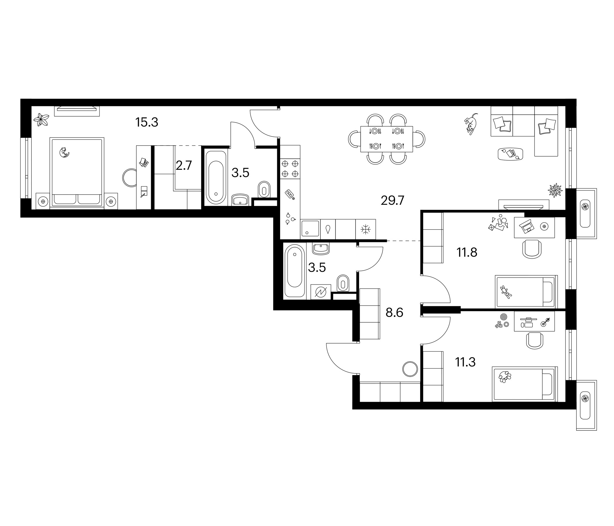 3-комн., 86.4 м², 5/14 этаж, ЖК «Зеленый парк»