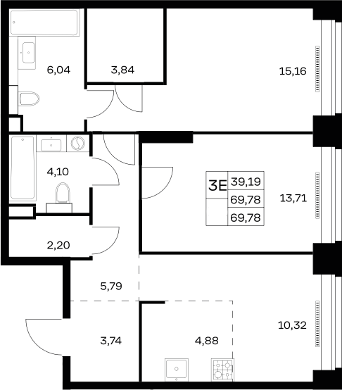 3-комн., 69.78 м², 10/12 этаж, ЖК «НОВА»