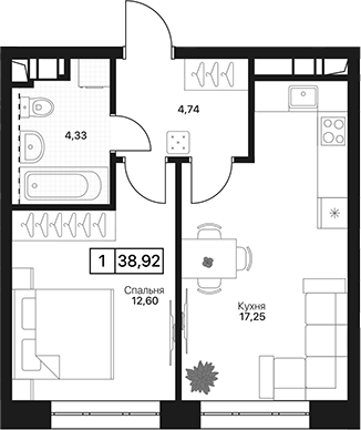 1-комн., 38.92 м², 2/17 этаж, ЖК «Пушкино Град»