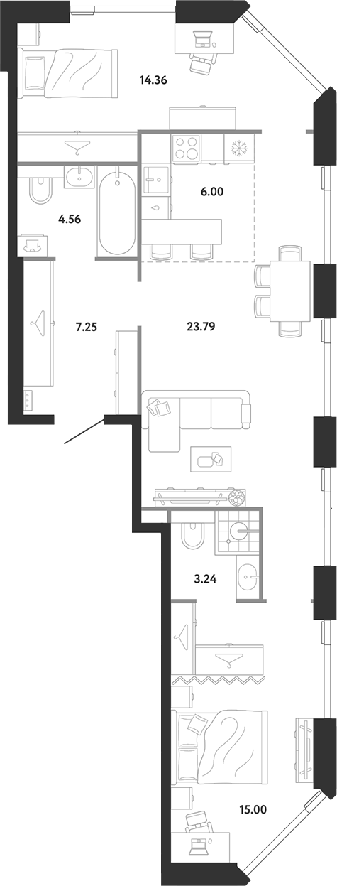 2-комн., 74.2 м², 10/12 этаж, ЖК «Ридж»