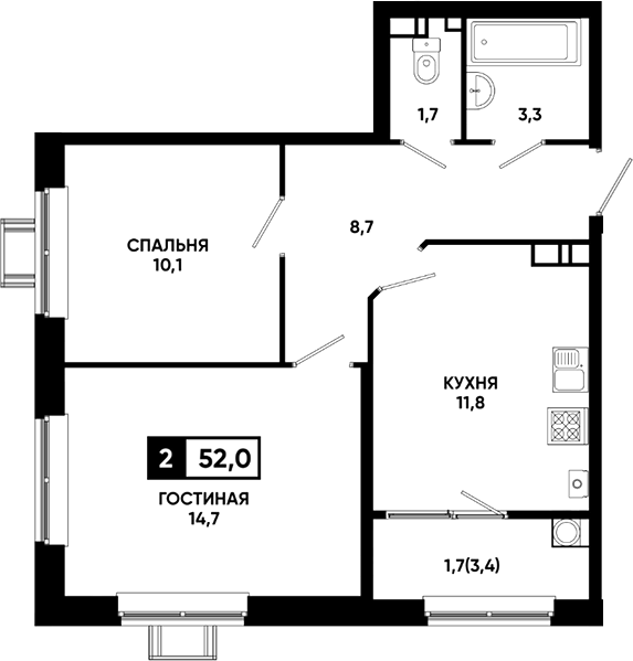 2-комн., 50.3 м², 9/23 этаж, ЖК «Резиденция Софи»