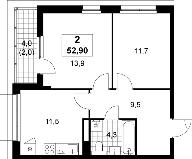 2-комн., 50.9 м², 11/19 этаж, ЖК «Деснаречье»