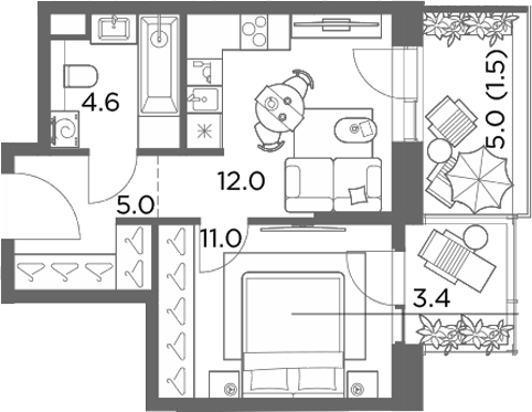 1-комн., 32.6 м², 1/6 этаж, ЖК «Станиславский»