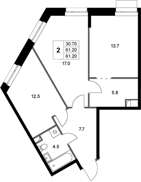 2-комн., 61.2 м², 1/3 этаж, ЖК «Кореневский Форт 2.3»