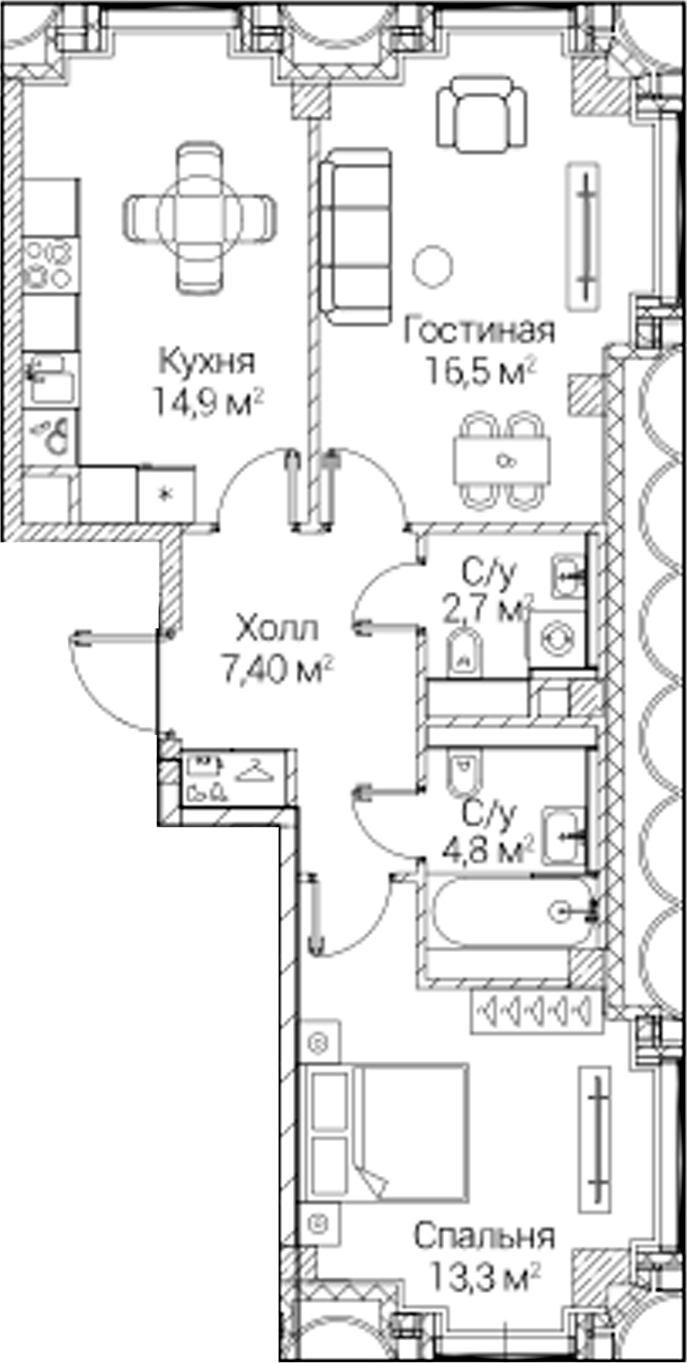 2-комн., 59.34 м², 2/6 этаж, ЖК «СЕЗАР БУДУЩЕЕ»