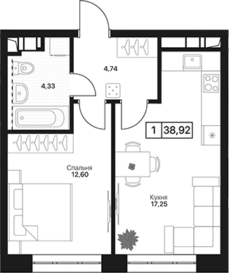 1-комн., 38.92 м², 5/17 этаж, ЖК «Пушкино Град»