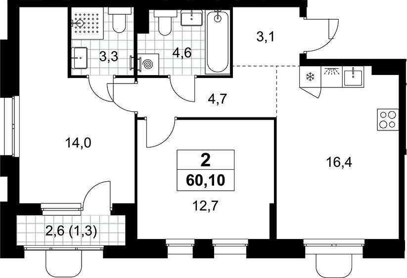 3-комн., 58.8 м², 3/6 этаж, ЖК «Прокшино»
