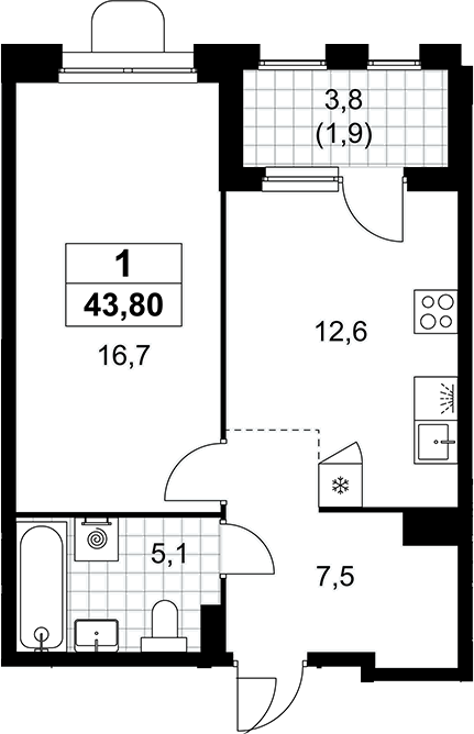 1-комн., 41.9 м², 9/16 этаж, ЖК «Прокшино»