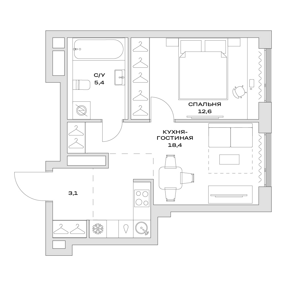 2-комн., 39.5 м², 20/22 этаж, ЖК «Детали»