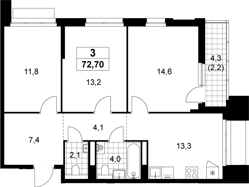 3-комн., 70.5 м², 8/22 этаж, ЖК «Деснаречье»