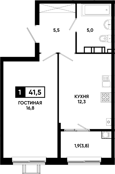 1-комн., 39.6 м², 8/23 этаж, ЖК «Резиденция Софи»