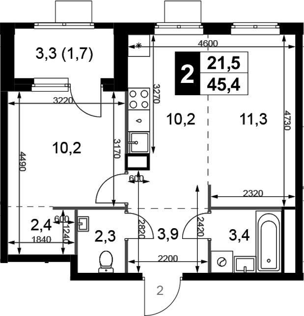 2-комн., 43.7 м², 2/6 этаж, ЖК «1-й Химкинский»