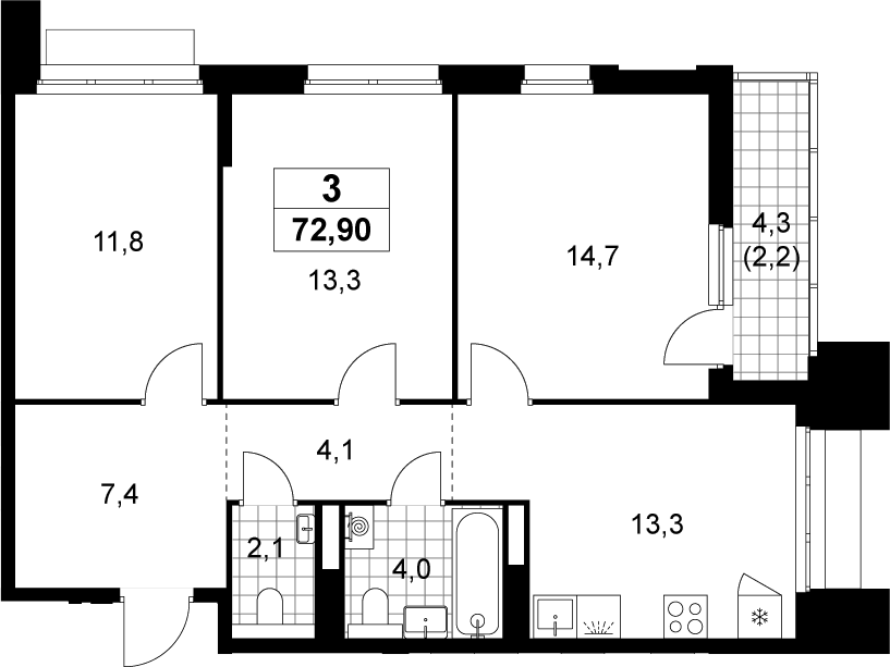 3-комн., 70.7 м², 20/22 этаж, ЖК «Деснаречье»