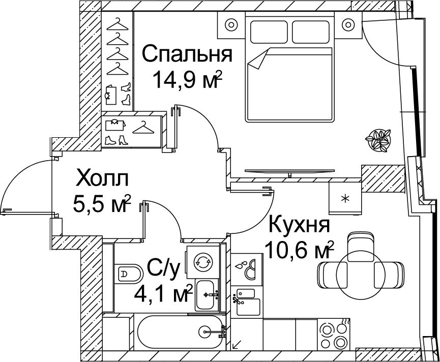 1-комн., 35.15 м², 16/60 этаж, ЖК «СЕЗАР БУДУЩЕЕ»