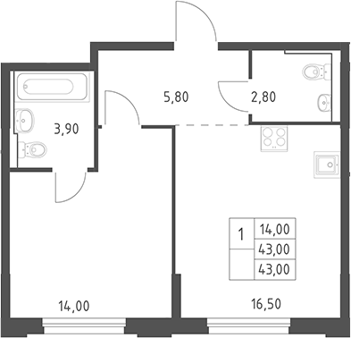 2-комн., 43 м², 16/20 этаж, ЖК «Химки Парк»