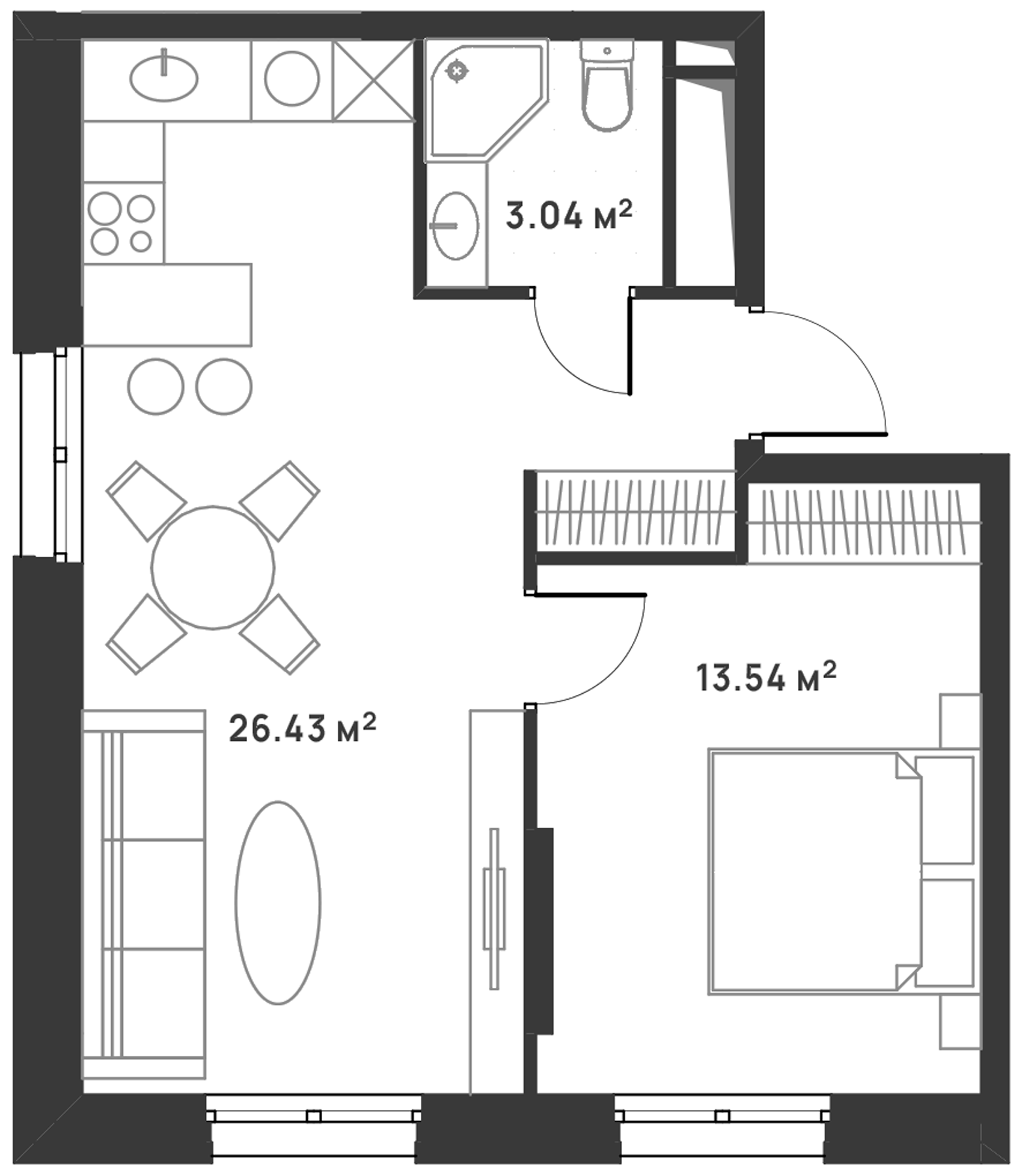 2-комн., 43.01 м², 26/30 этаж, ЖК «Дюна»