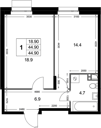 1-комн., 44.9 м², 1/3 этаж, ЖК «Кореневский Форт 2.3»