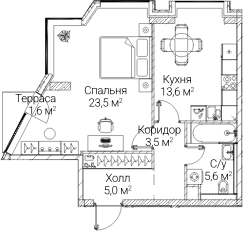 1-комн., 49.96 м², 55/60 этаж, ЖК «СЕЗАР БУДУЩЕЕ»