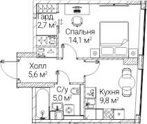 1-комн., 37.27 м², 48/60 этаж, ЖК «СЕЗАР БУДУЩЕЕ»