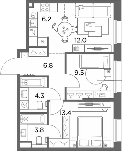 3-комн., 56 м², 2/6 этаж, ЖК «Станиславский»