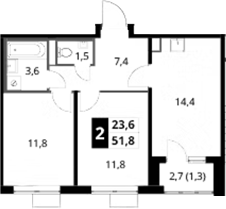 2-комн., 50.5 м², 16/24 этаж, ЖК «1-й Донской»
