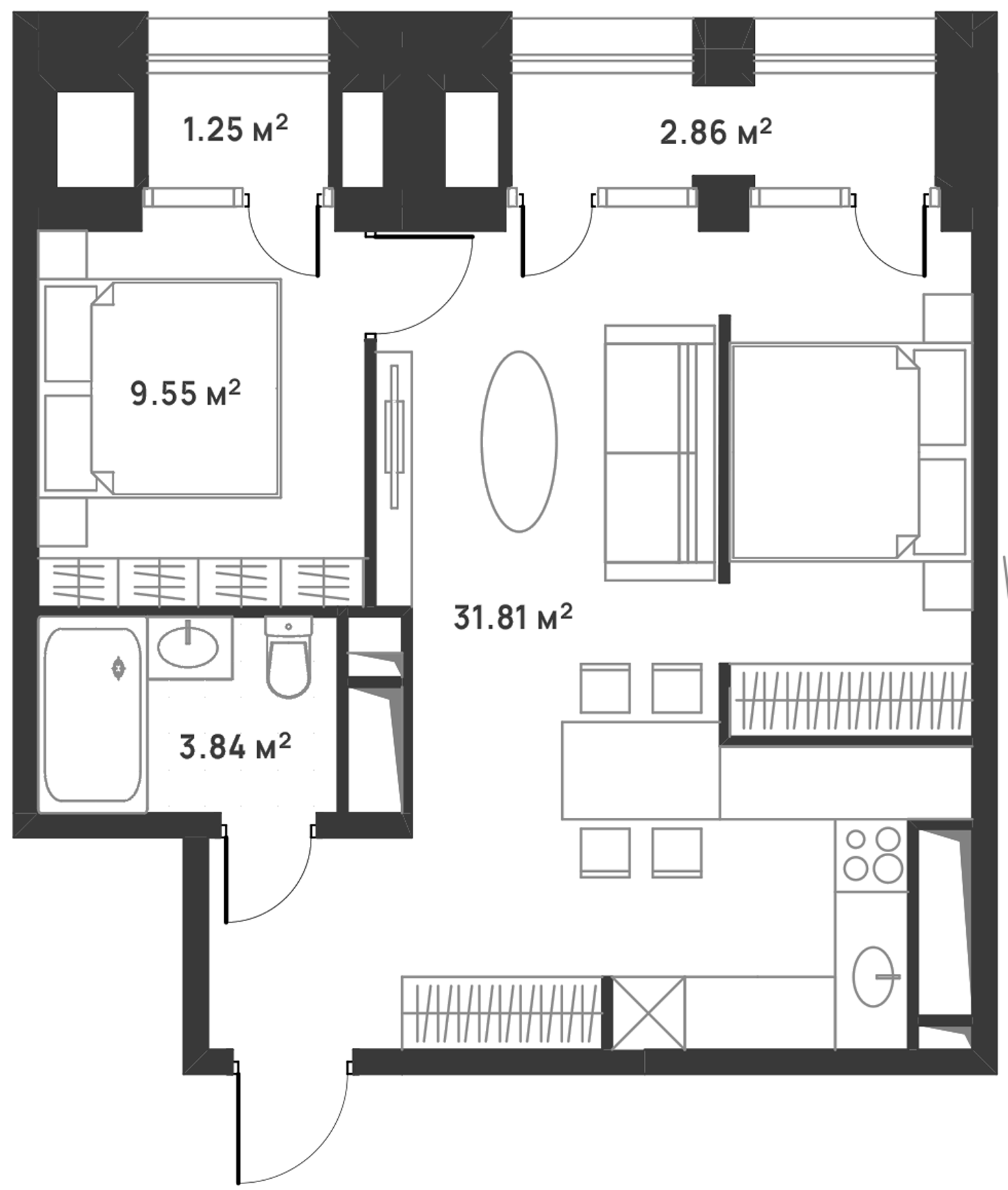 2-комн., 45.2 м², 29/30 этаж, ЖК «Дюна»